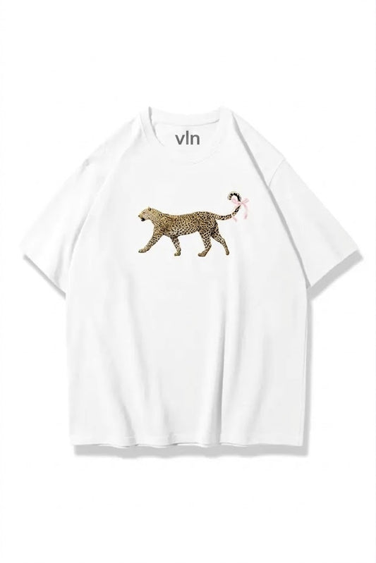 Kadın Leopar Kurdele Kuyruk Beyaz Oversize Tişört