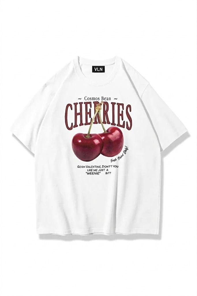 Two Cherries Baskılı Beyaz Oversize Tişört