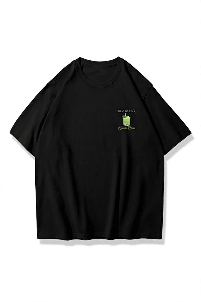 Siyah Unisex Kuzu Kulağı Kokteyl Baskılı Oversize Tişört