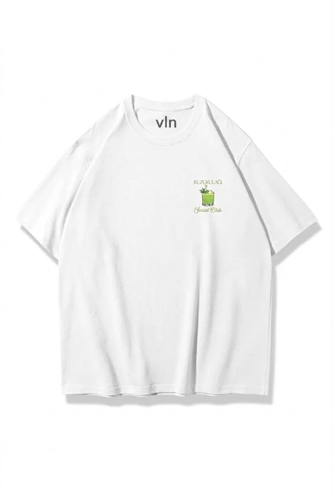 Beyaz Unisex Kuzu Kulağı Kokteyl Baskılı Oversize Tişört