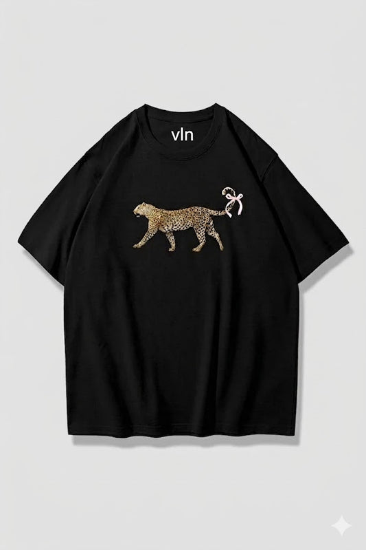 Kadın Leopar Kurdele Kuyruk Siyah Oversize Tişört