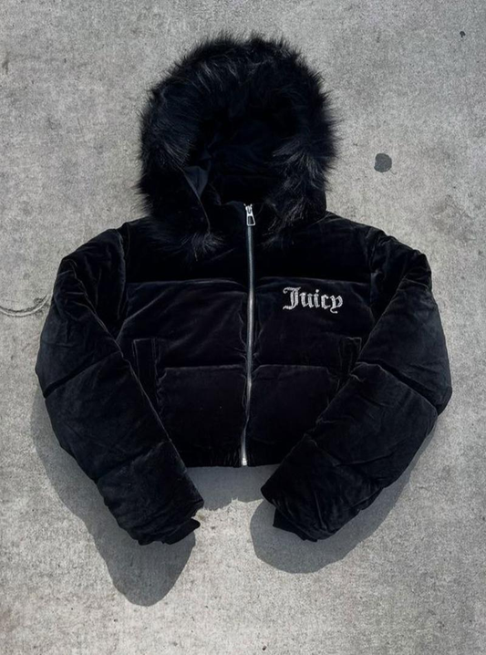 Juicy Peluş Kapüşonlu Şişme Crop Mont