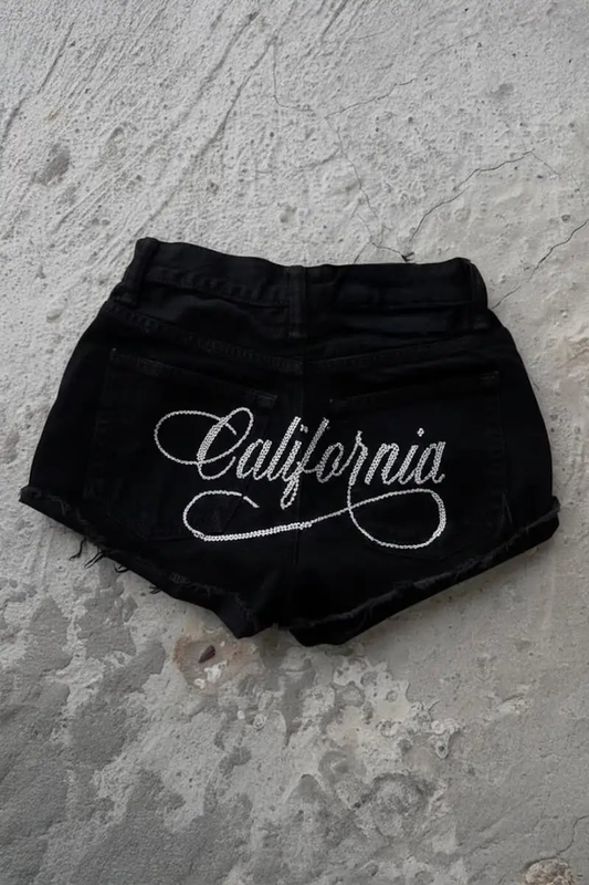 Siyah California Taşlı Y2K Mini Şort