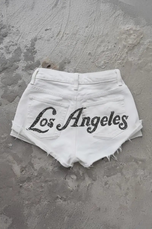 Beyaz Los Angeles Taşlı Y2K Mini Şort