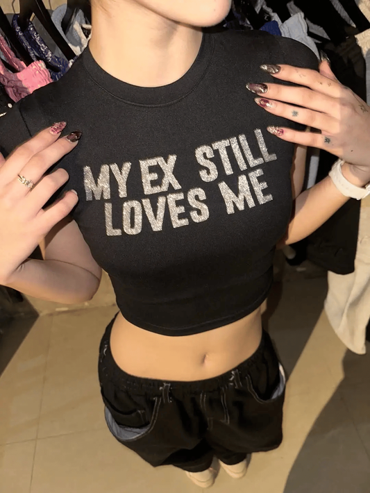 My Ex Stıll Loves Me Taş Baskılı Crop