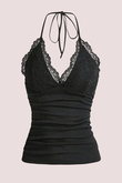 Siyah Dantelli V Yaka Gothic Boyun Bağlamalı Full Body Crop