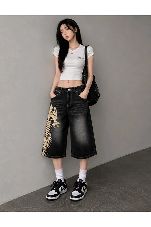 Y2K Siyah Balık İskeleti Baggy Denim Bermuda Şort