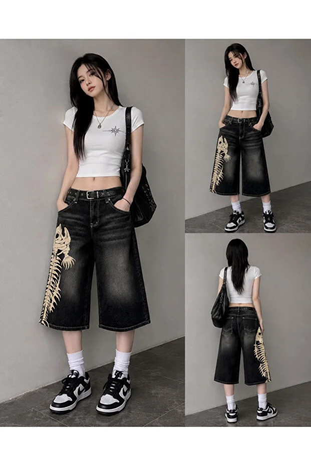 Y2K Siyah Balık İskeleti Baggy Denim Bermuda Şort