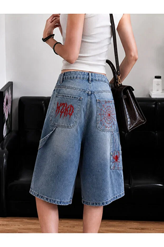 Harajuku Y2k Mavi Spider Desenli Baggy Unisex Şort Bermuda