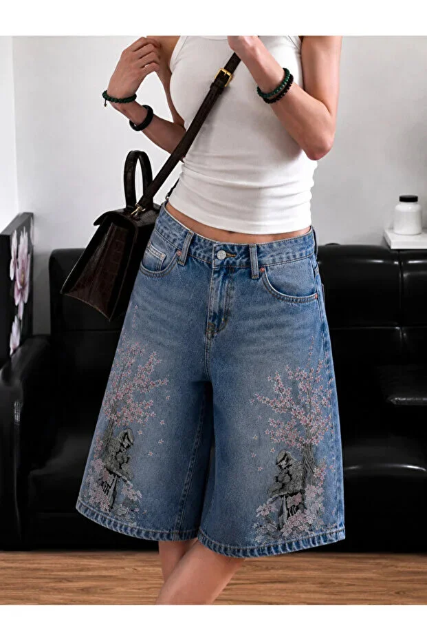 Harajuku Y2k Knight Swords Mavi Baggy Unisex Şort Bermuda