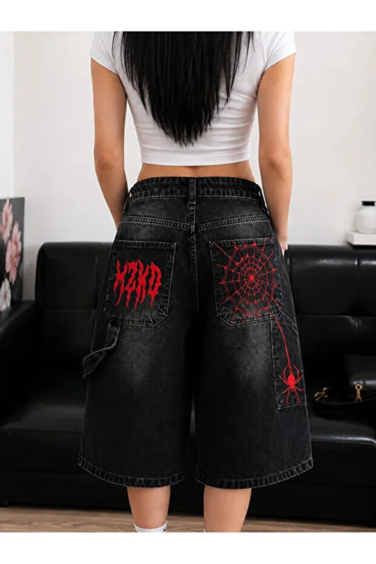 Harajuku Y2k Red Spider Desenli Baggy Unisex Şort Bermuda