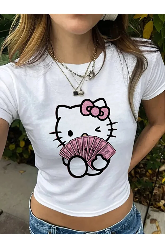 Kadın Beyaz Hello Kitty Pembe Dolar Baskılı Crop