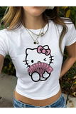 Kadın Beyaz Hello Kitty Pembe Dolar Baskılı Crop