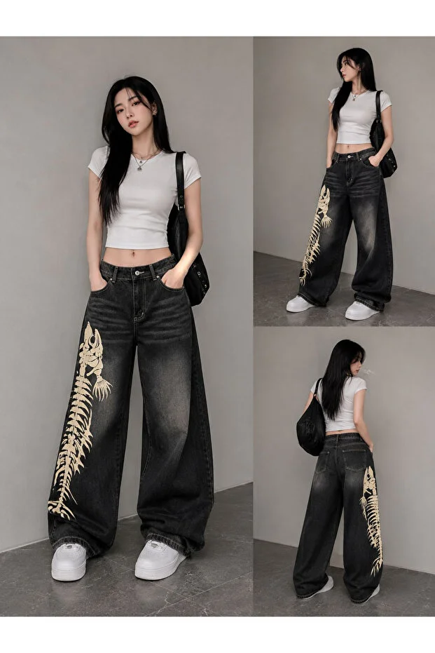 Y2K Balık İskeleti Baggy Unisex Jean Pantolon