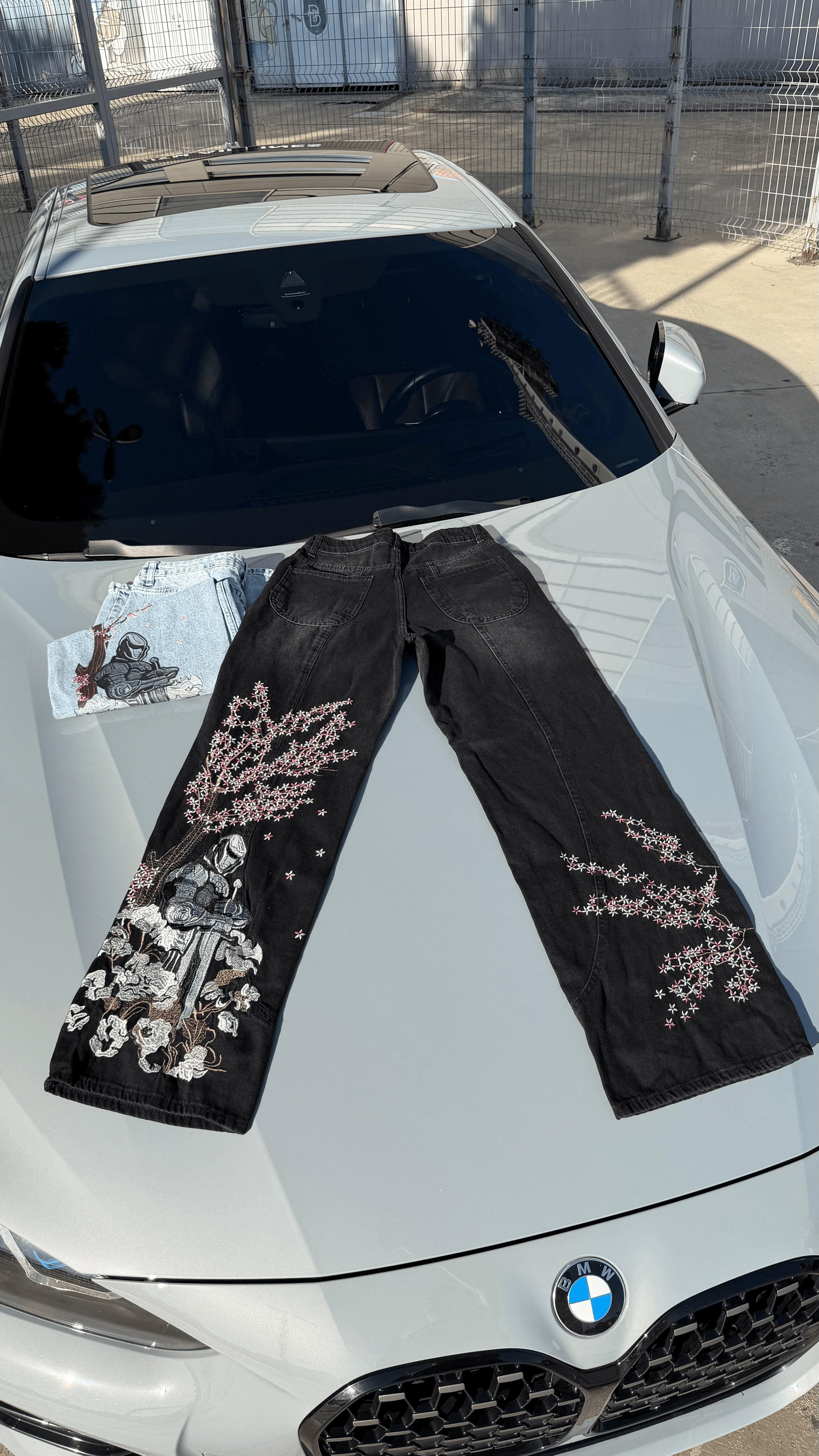 Siyah Night Blossom Nakışlı Wide Leg Kot Pantolon