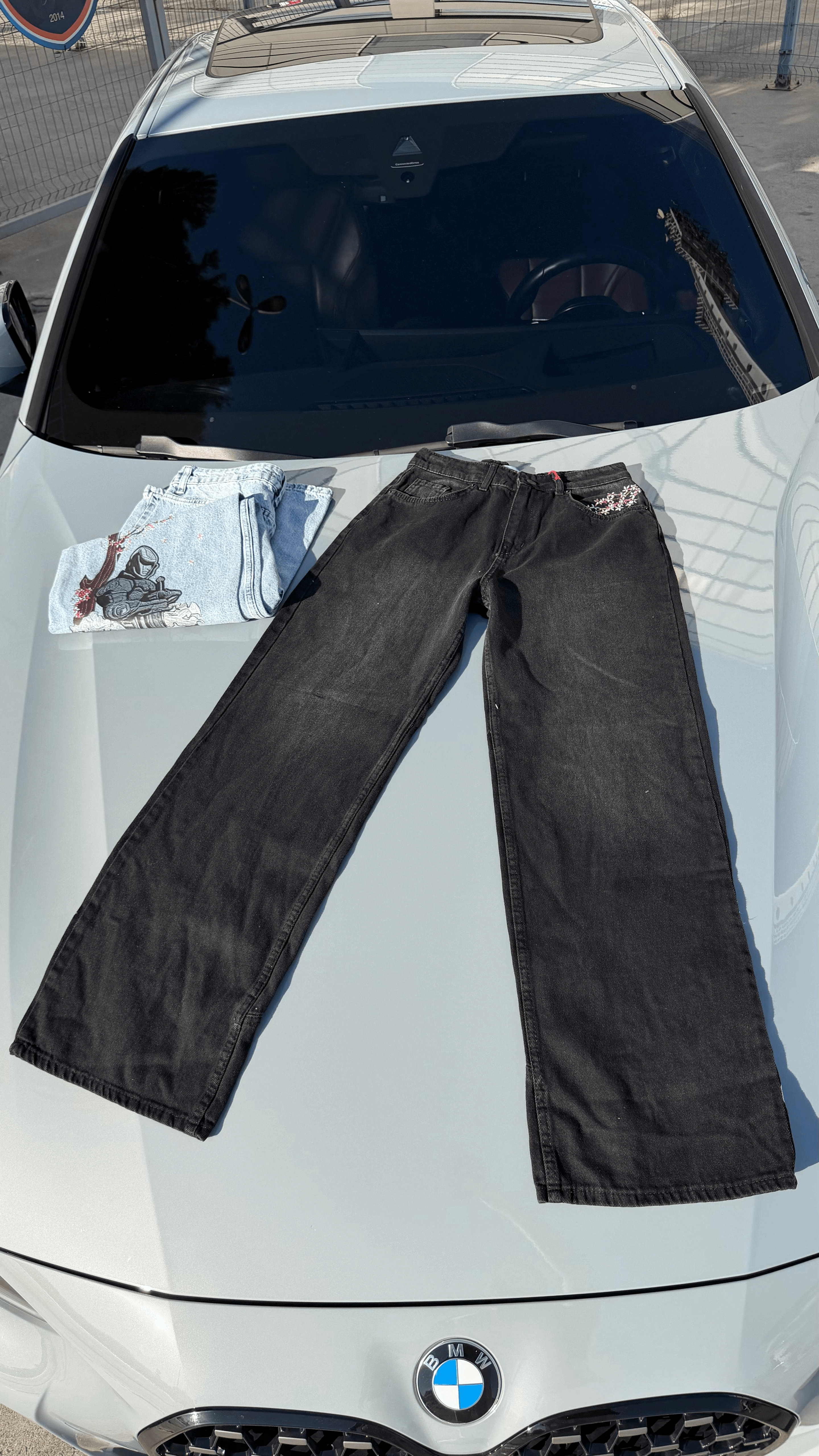 Siyah Night Blossom Nakışlı Wide Leg Kot Pantolon