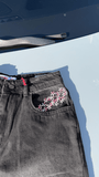Siyah Night Blossom Nakışlı Wide Leg Kot Pantolon