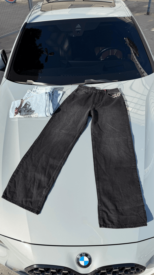 Siyah Night Blossom Nakışlı Wide Leg Kot Pantolon