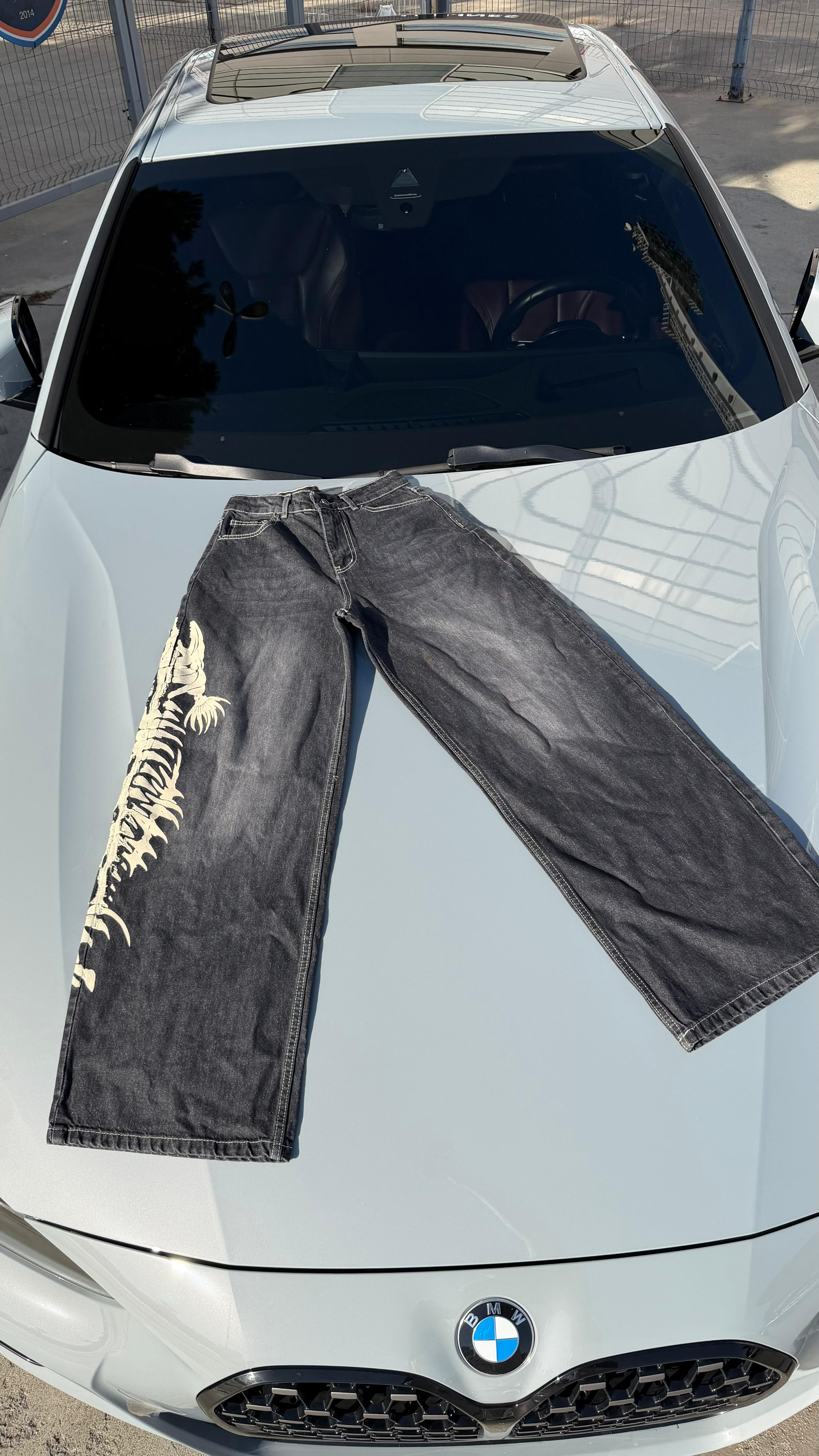 Harajuku Y2K Balık İskeleti Siyah Baggy Jean Kot Pantolon