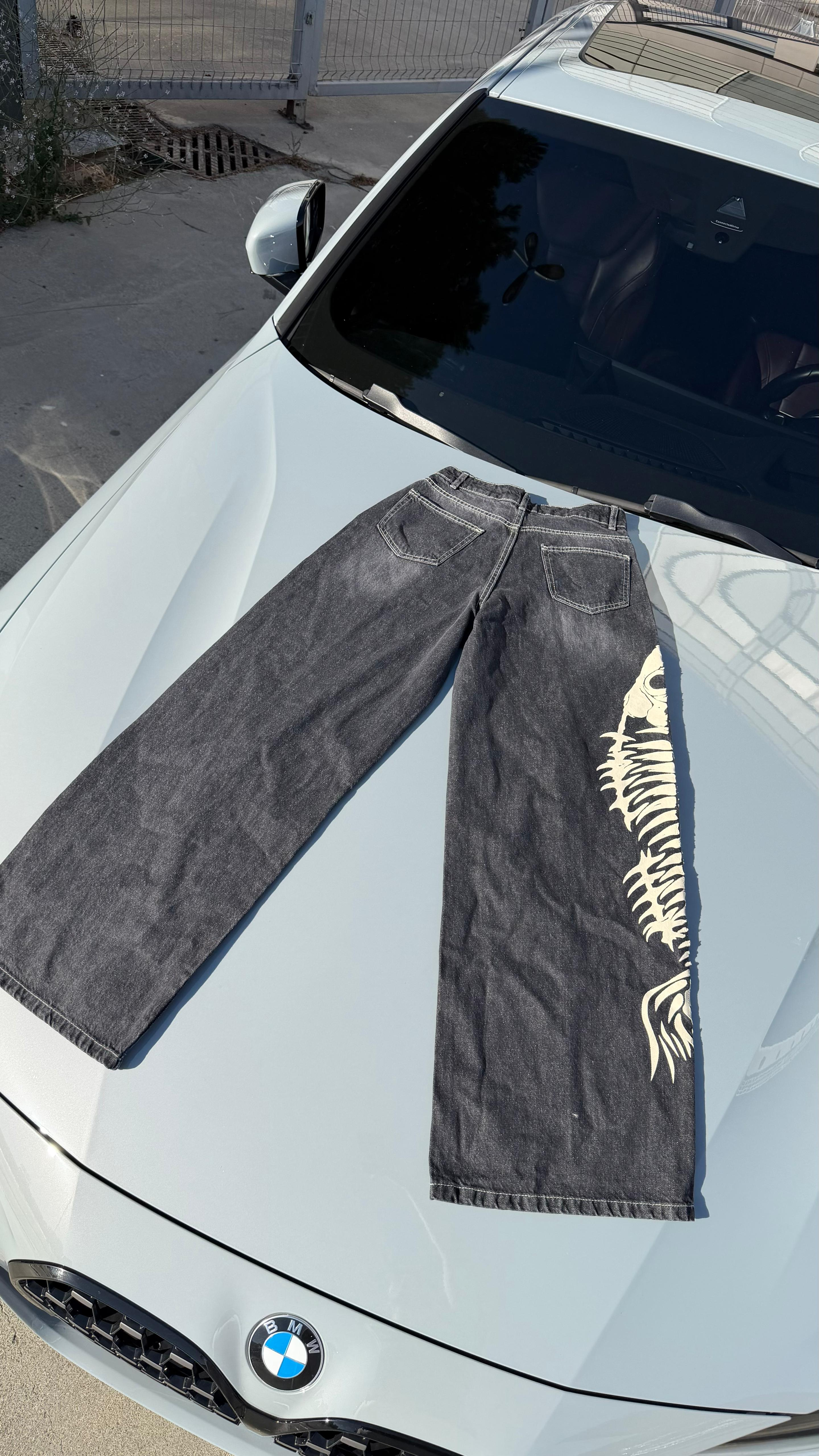 Harajuku Y2K Balık İskeleti Siyah Baggy Jean Kot Pantolon