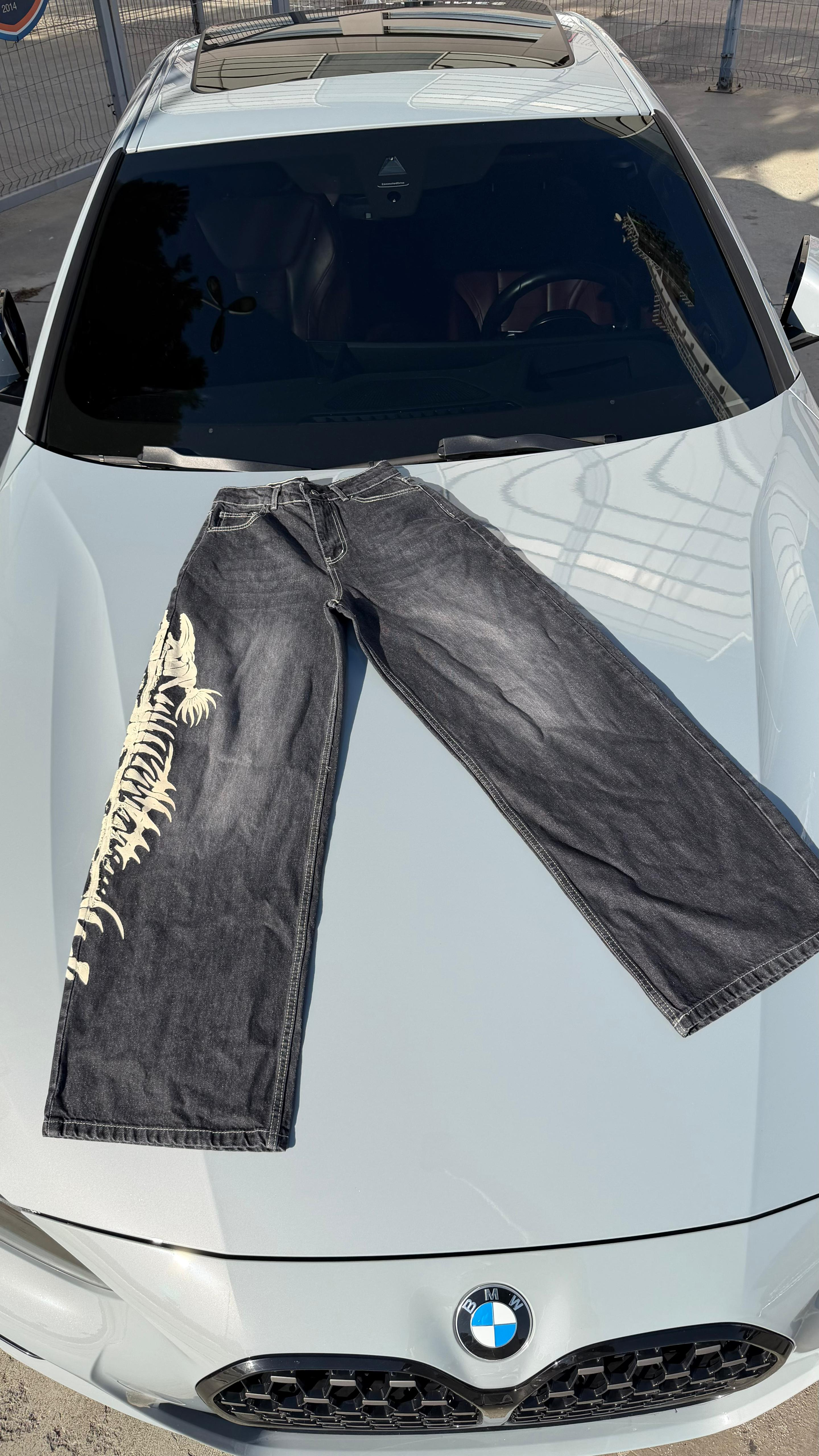 Harajuku Y2K Balık İskeleti Siyah Baggy Jean Kot Pantolon