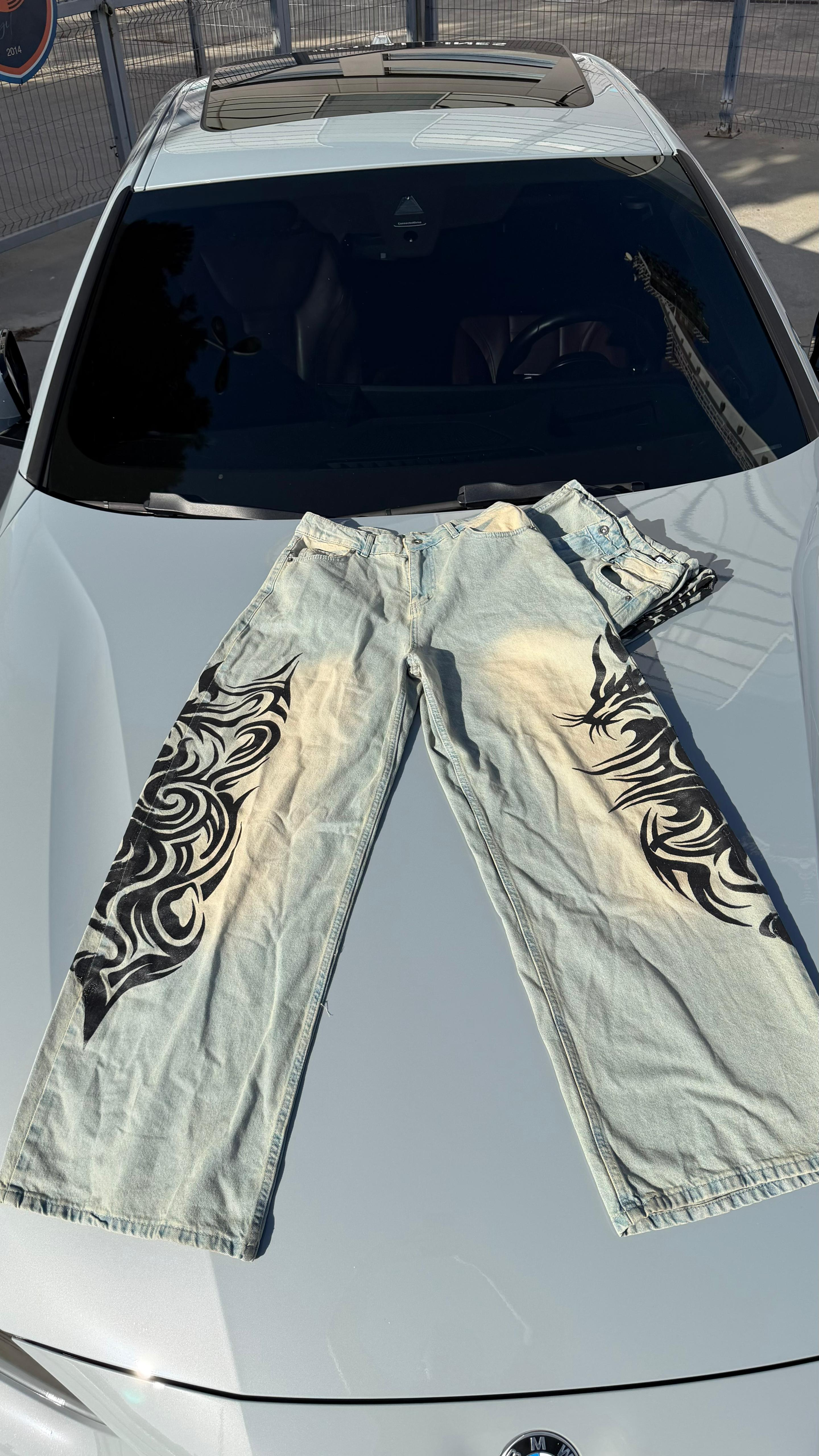 Yıkamalı Tint Dragon Detail Baggy Unisex Kot Pantolon