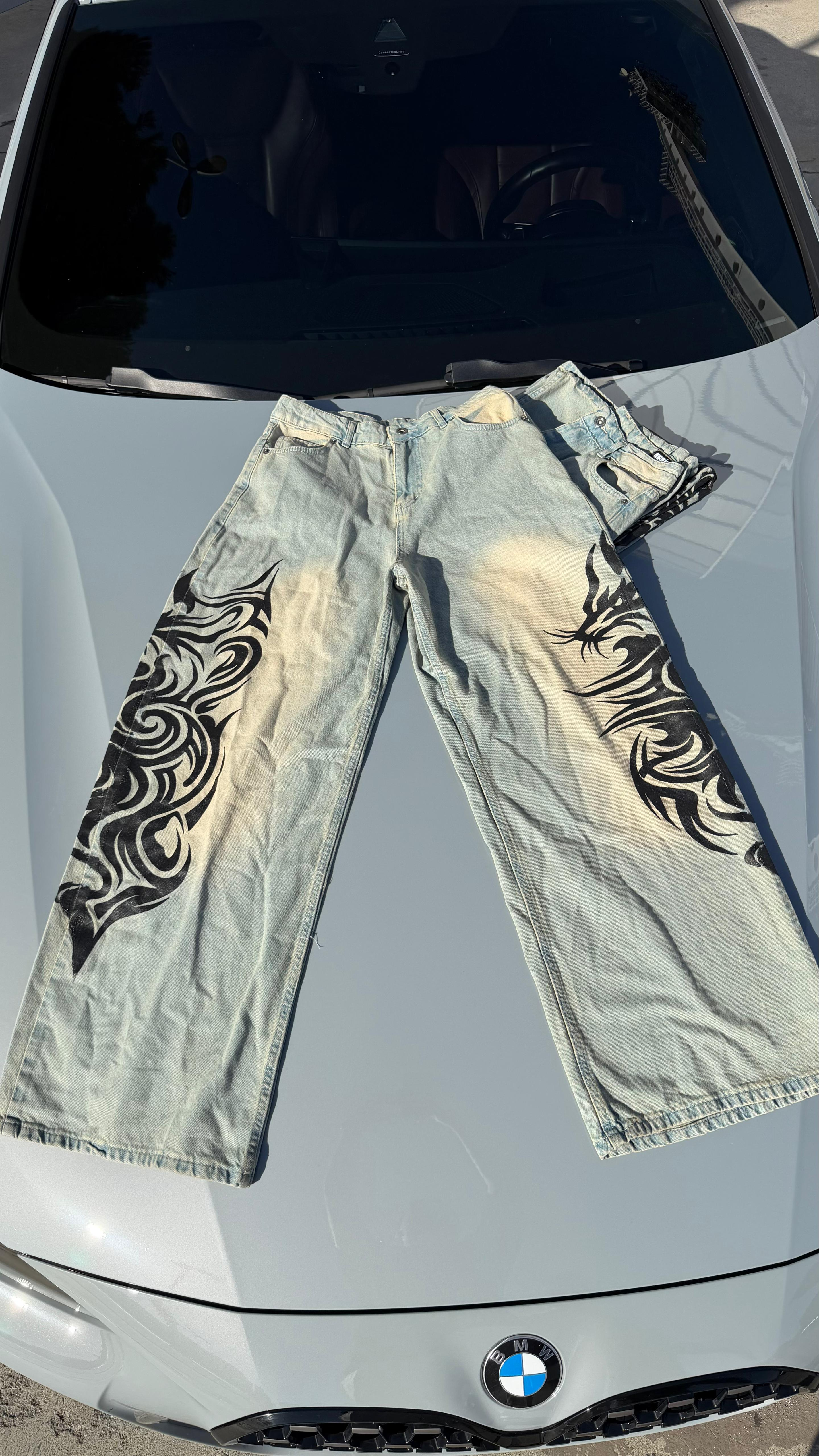Yıkamalı Tint Dragon Detail Baggy Unisex Kot Pantolon