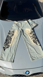 Yıkamalı Tint Dragon Detail Baggy Unisex Kot Pantolon