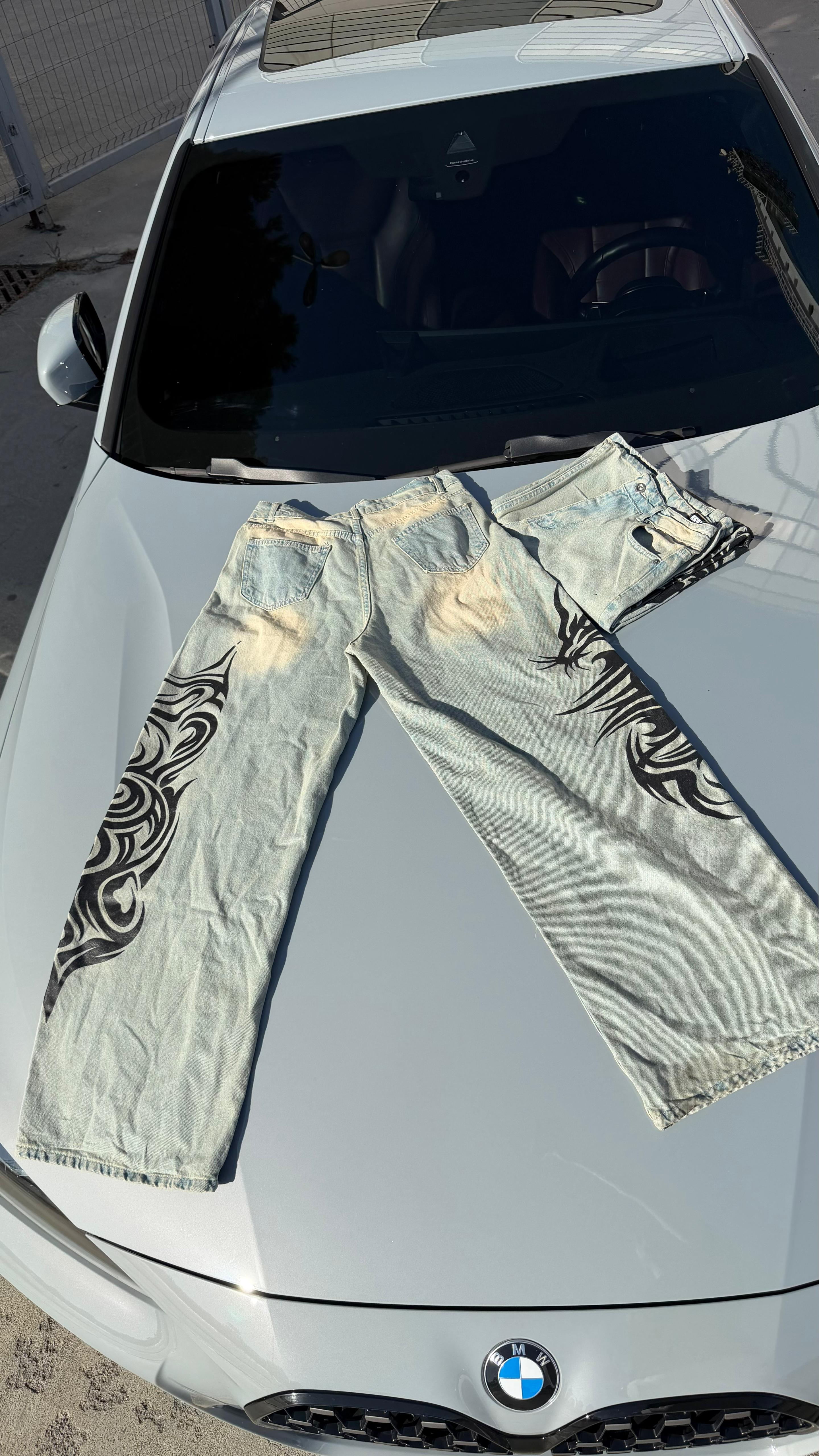 Yıkamalı Tint Dragon Detail Baggy Unisex Kot Pantolon