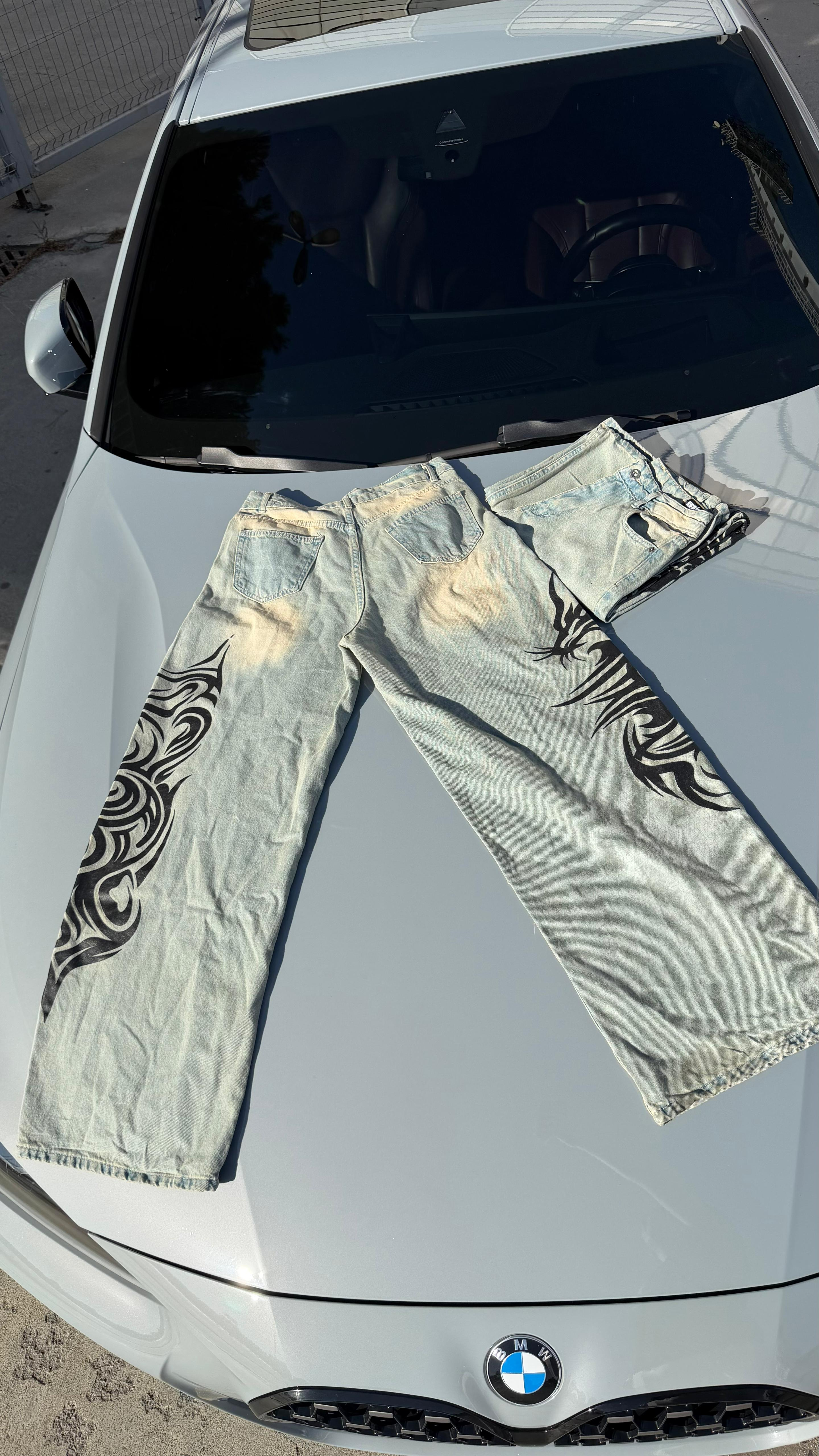 Yıkamalı Tint Dragon Detail Baggy Unisex Kot Pantolon