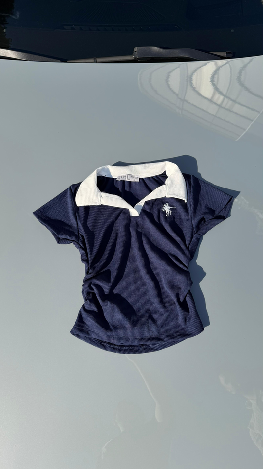 Lacivert Kadın Polo Yaka Nakış Detaylı Kaşkorse Slim Fit T-shirt