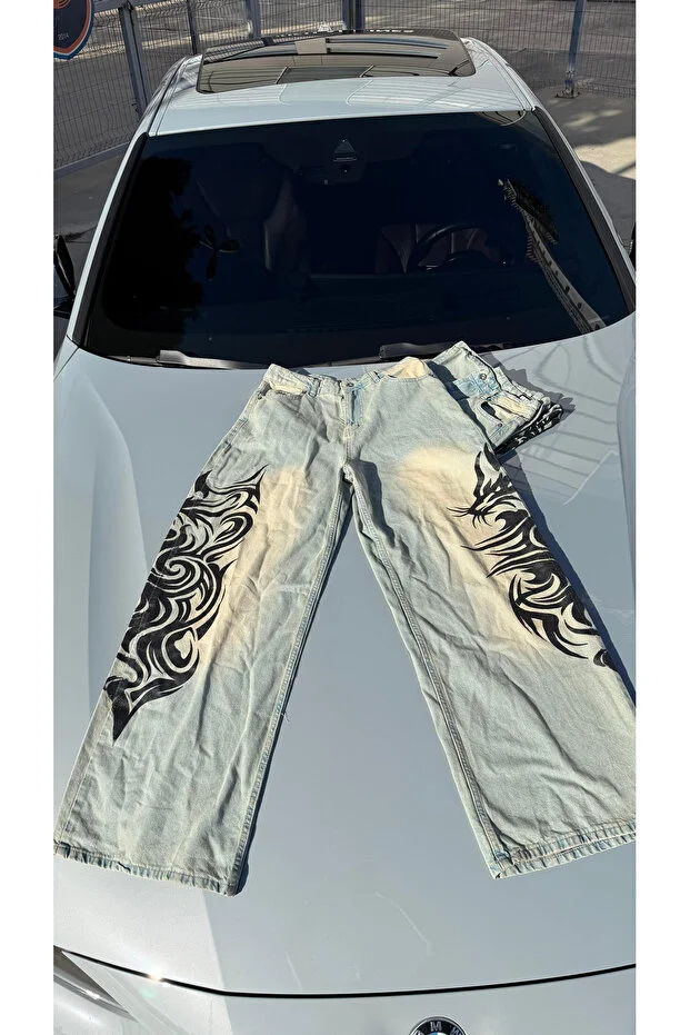 Yıkamalı Tint Dragon Detail Baggy Unisex Pantolon