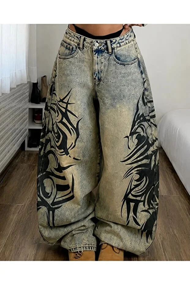 Yıkamalı Tint Dragon Detail Baggy Unisex Pantolon