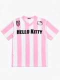 Pembe Beyaz V Yaka Çubuklu Jersey Hello Kitty T-Shirt