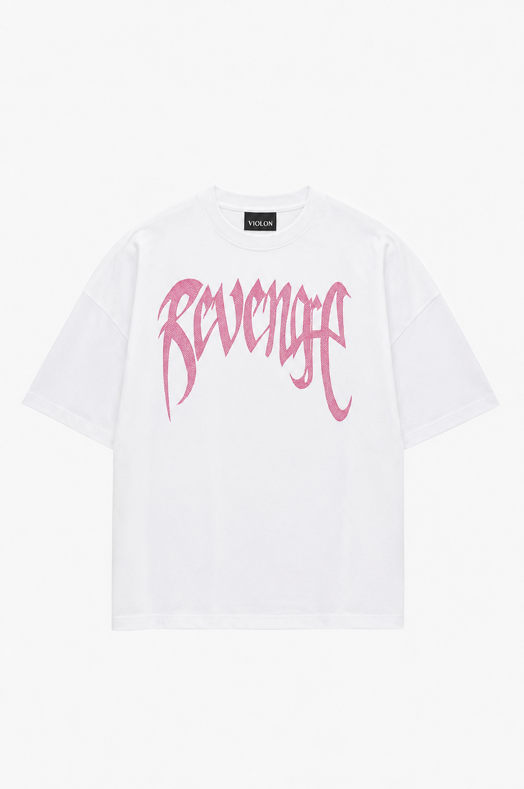Beyaz Unisex Oversize Pembe Revenge Parıltılı Taş Baskılı Tshirt