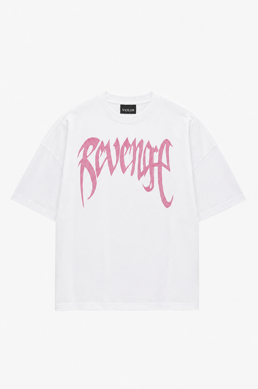 Beyaz Unisex Oversize Pembe Revenge Parıltılı Taş Baskılı Tshirt
