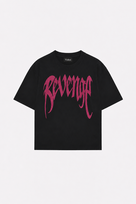 Siyah Unisex Oversize Pembe Revenge Parıltılı Taş Baskılı Tshirt