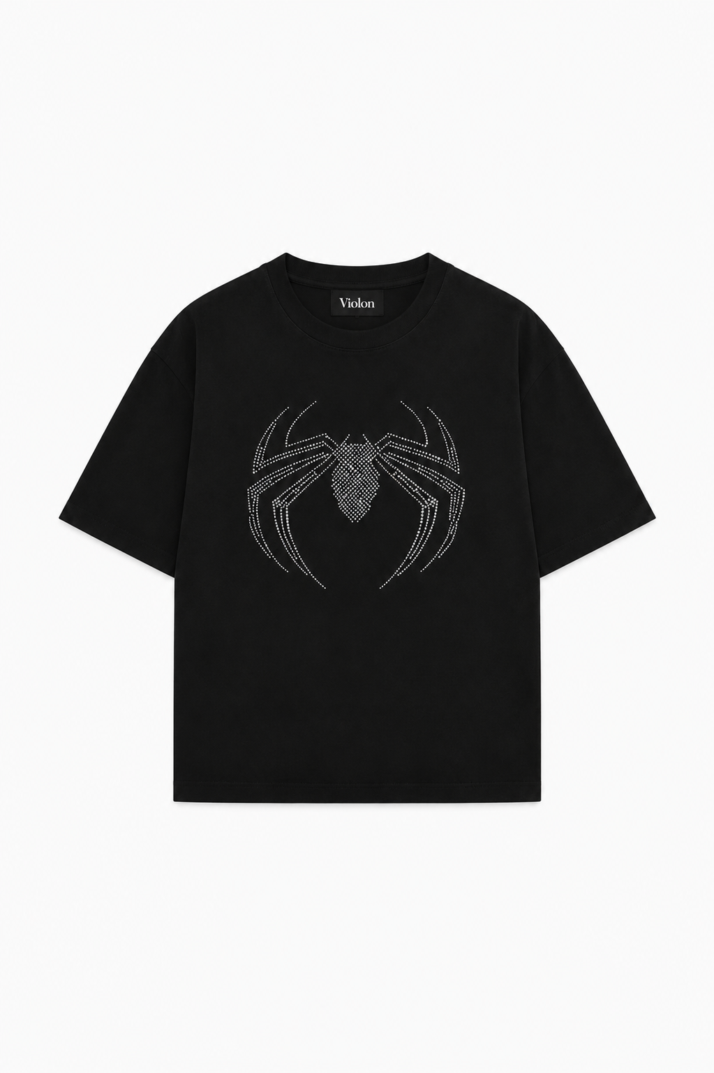 Unisex Spider Taş Baskılı Siyah Oversize Tshirt
