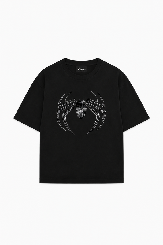 Unisex Spider Taş Baskılı Siyah Oversize Tshirt