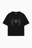 Unisex Spider Taş Baskılı Siyah Oversize Tshirt