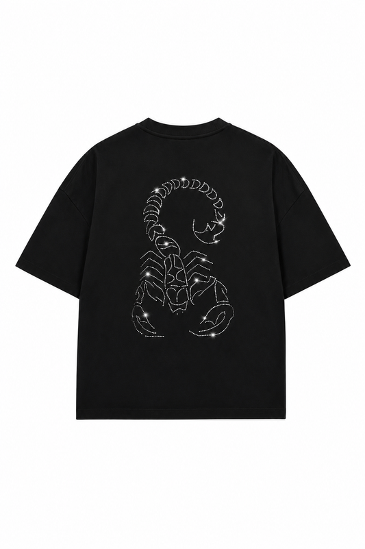 Unisex Akrep Taş Baskılı Siyah Oversize Tshirt