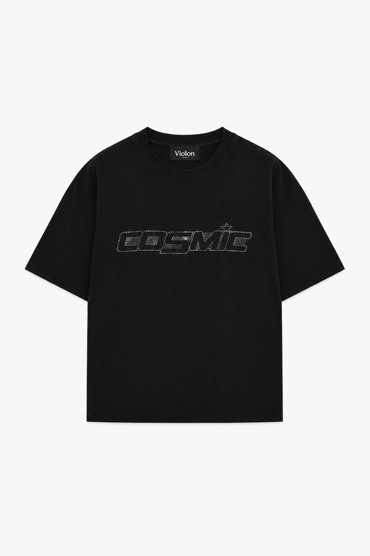 Unisex Cosmic Taş Baskılı Siyah Oversize Tshirt