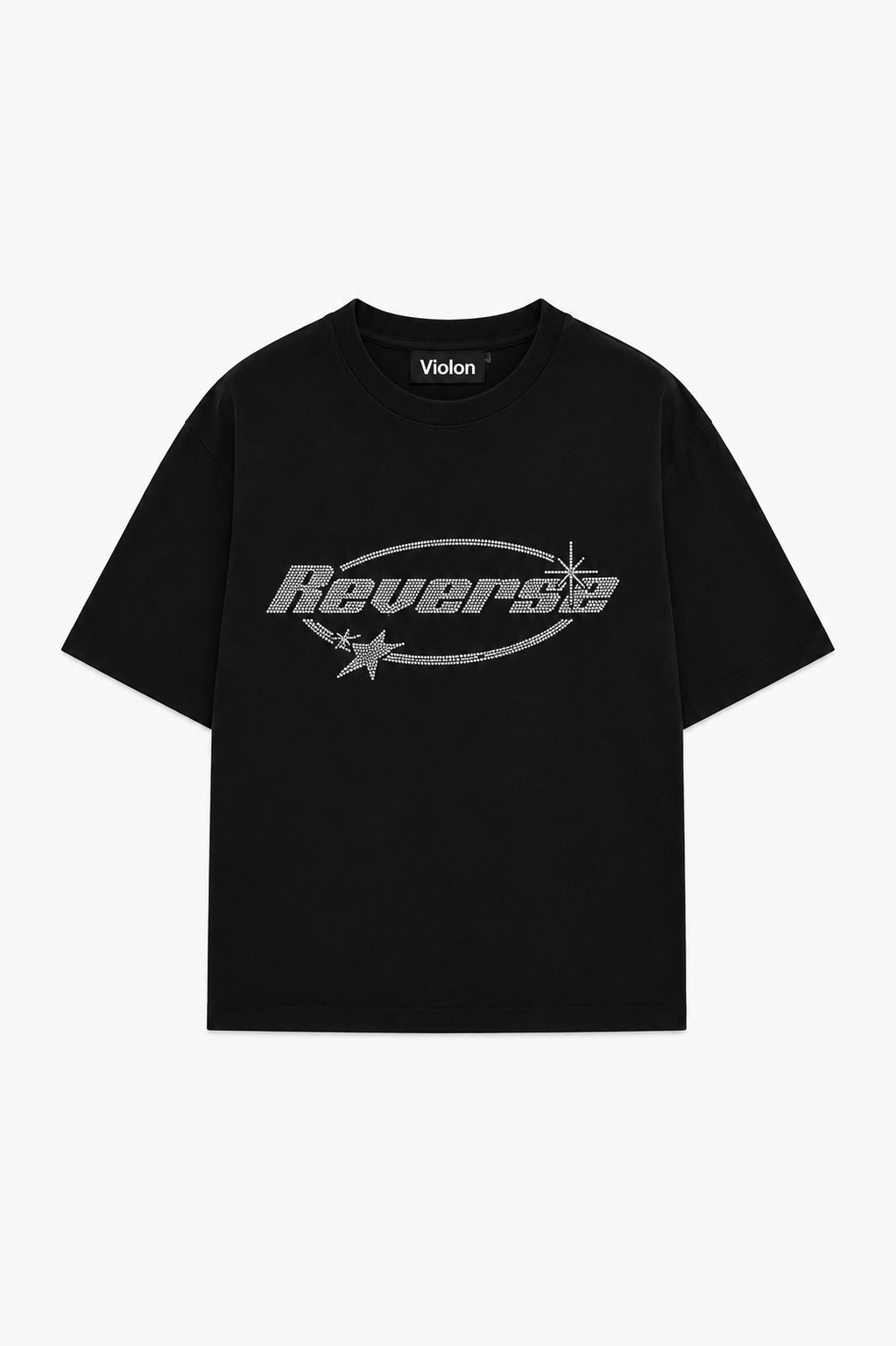Unisex Reverse Taş Baskılı Siyah Oversize Tshirt