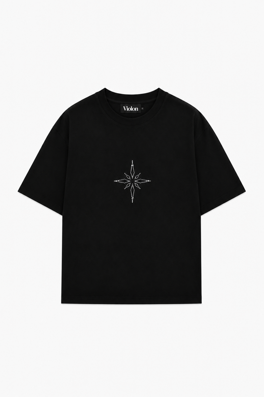 Unisex Pusula Taş Baskılı Siyah Oversize Tshirt