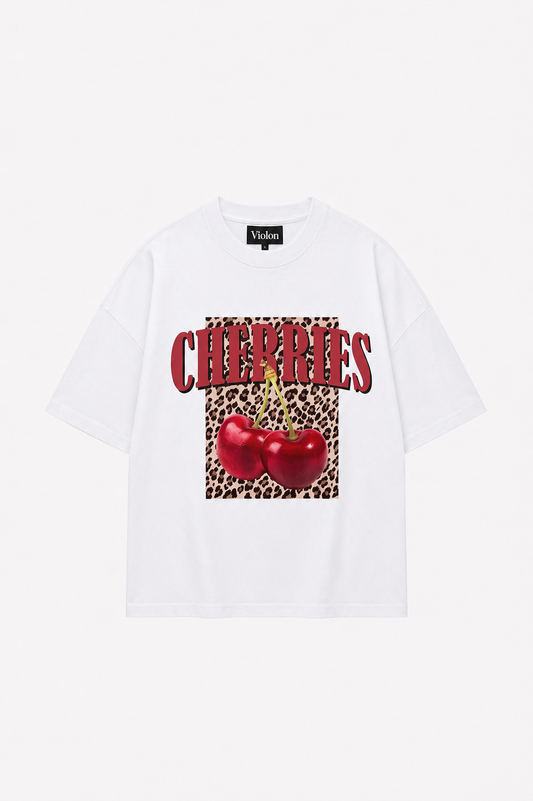 Kadın Cherries Leopar Tshirt Beyaz