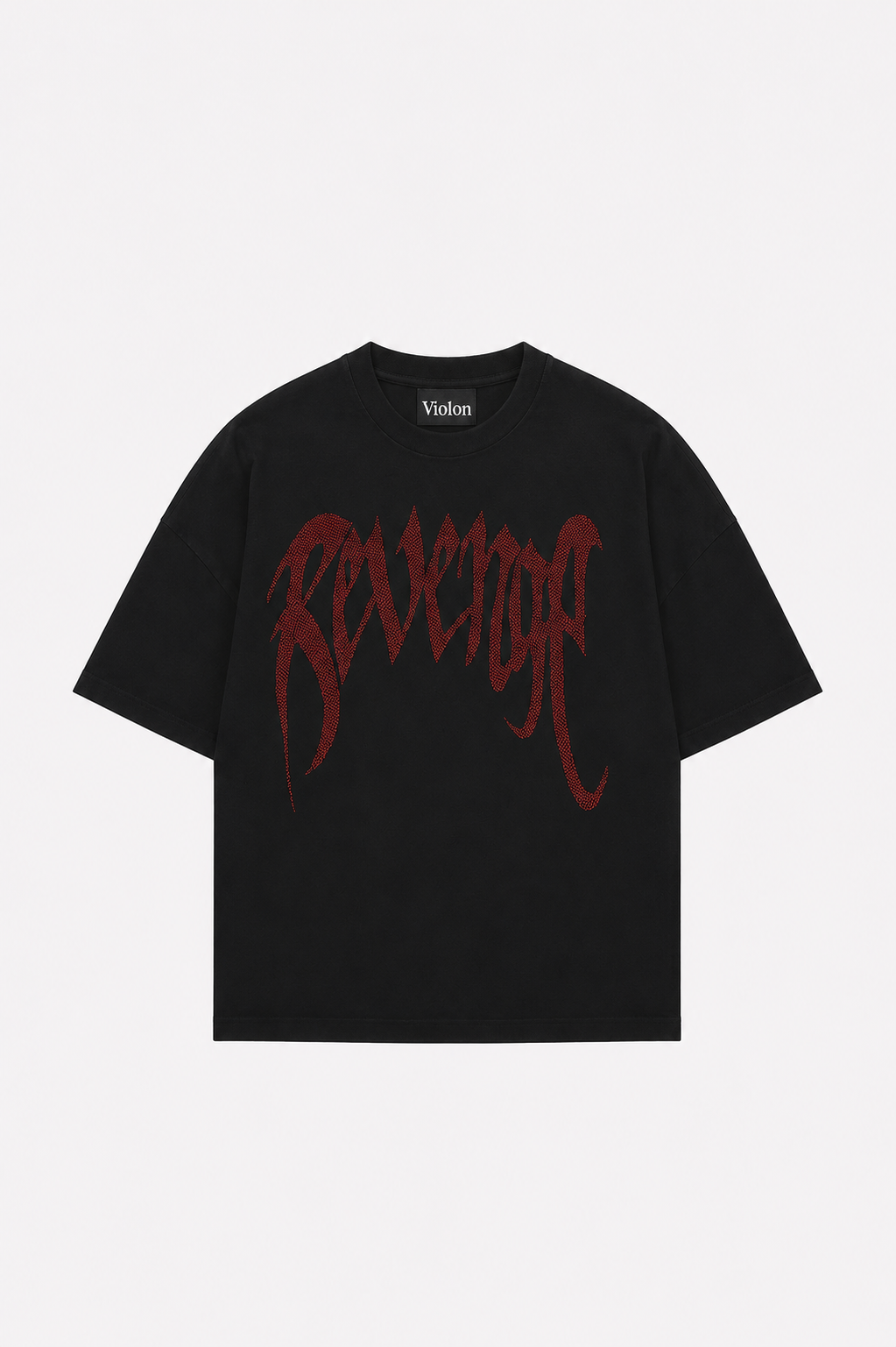Siyah Unisex Oversize Kırmızı Revenge Parıltılı Taş Baskılı Tshirt