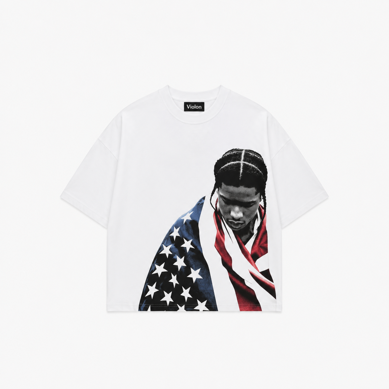 Unisex Oversize American Flag Portre Baskılı Beyaz Tişört