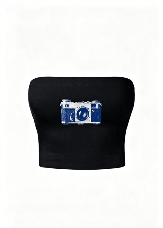 Vintage Camera Siyah Straplez Crop