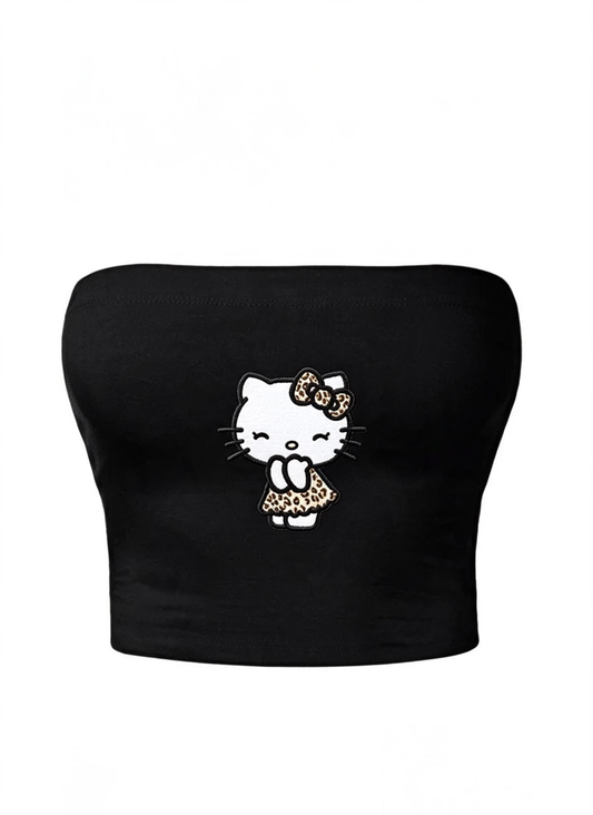 Leopard Kitty Siyah Straplez Crop