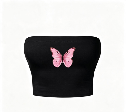 Pink Butterfly Siyah Straplez Crop